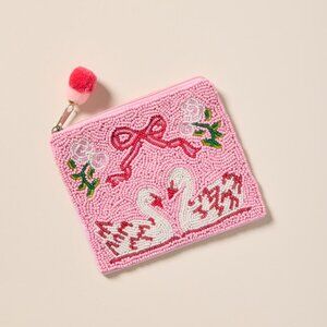Viral Beaded Swan Pouch Pink Seed Bead Mini Pom-Pom Zipper Pull Coquette Bow NWT